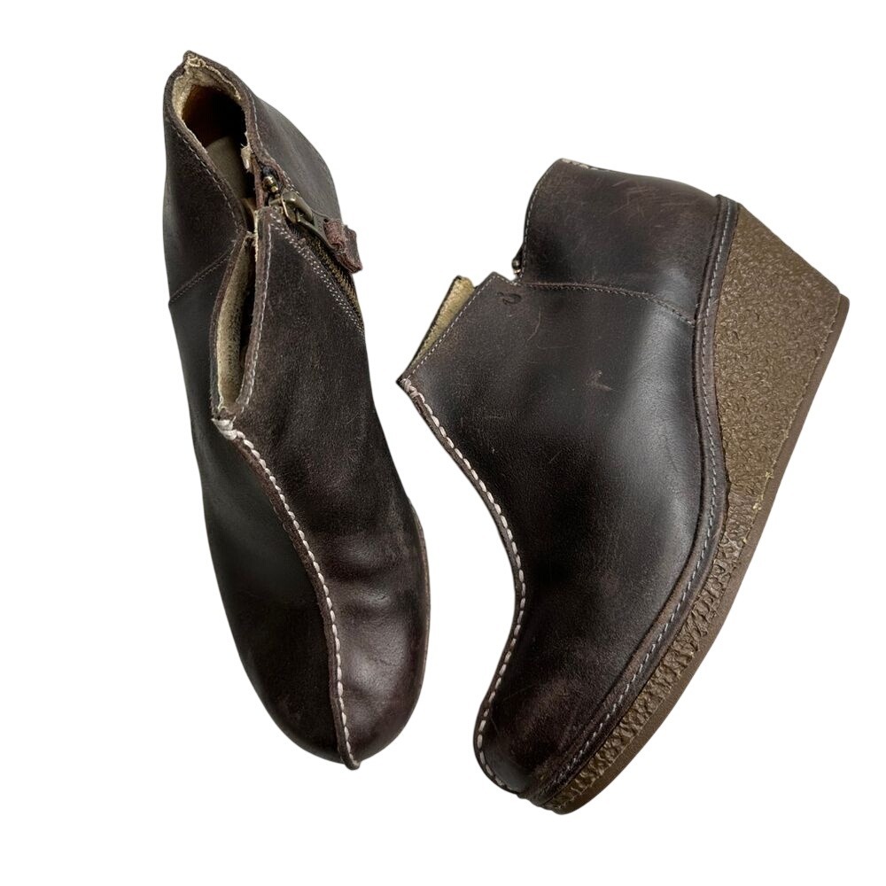 Olukai Women Dark Brown Leather‎ Wedge Ankle Boots Side Zip Contrast Stitch 7.5